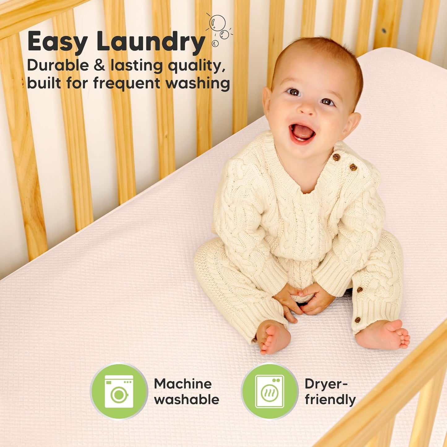 Waterproof Crib Mattress Protector Cover Fitted - 2-Pack Quiet Baby Crib Mattress Pad Sheets, 52" x 28" Soft Quilted Cotton Baby Sheet, Machine Washable, Easy Fit, Durable (Mist Rose/Quin)