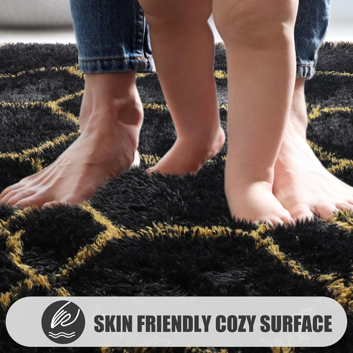 ONASAR 7x9 Area Rugs for Living Room Bedroom, Washable Large Boho Fluffy Black and Gold Throw Rug, Geometric Soft Plush Shaggy Floor Carpet for Nursery Kids Girls Boys Teen Dorm Home Decor Aesthetic