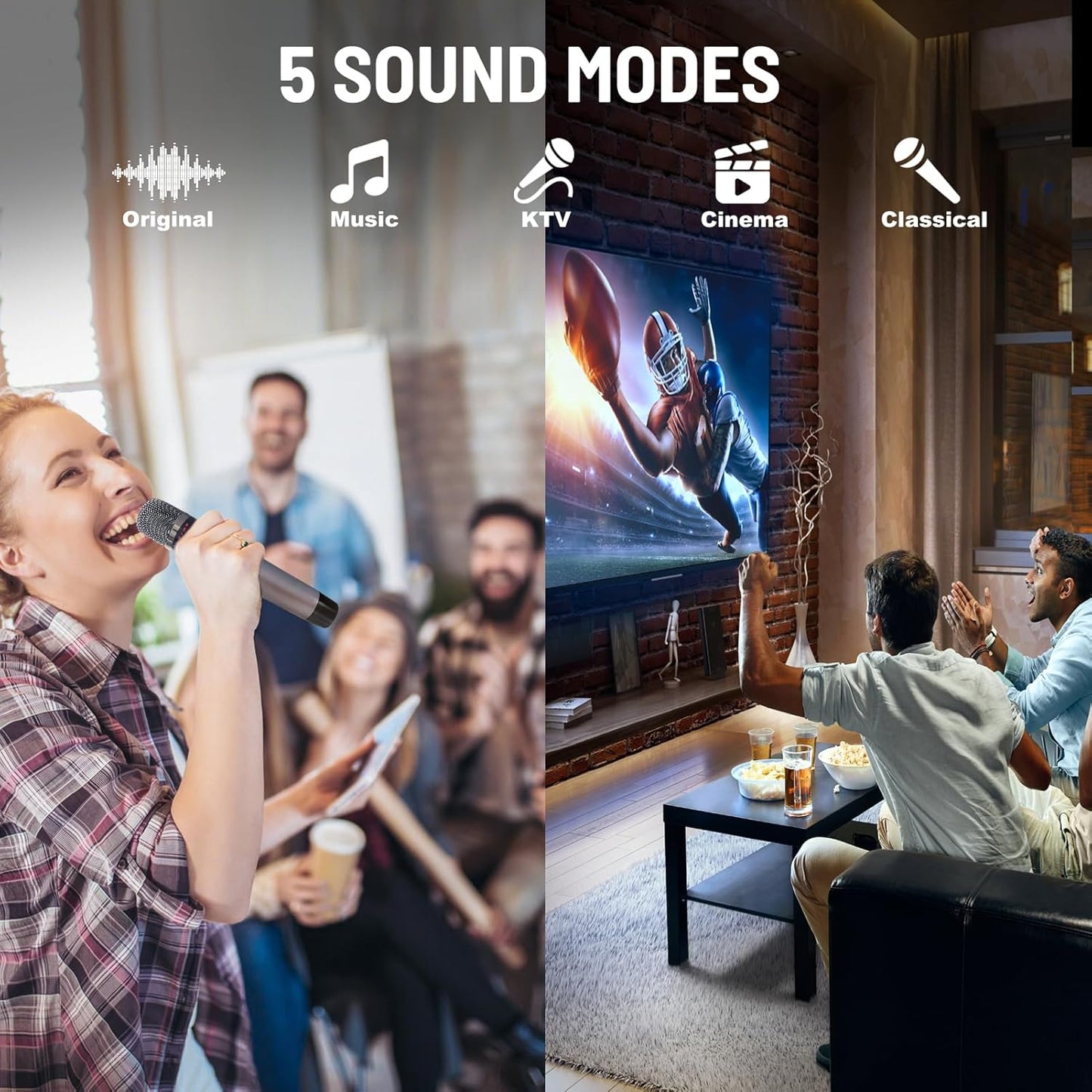 RHM K222 Karaoke Machine, Bluetooth Speaker with 2 UHF Wireless Microphones, 5 Music Modes, Support Optical, Bluetooth, AUX, USB, PC, Wooden Party Speaker for TV, Home Party, Karaoke, Meeting