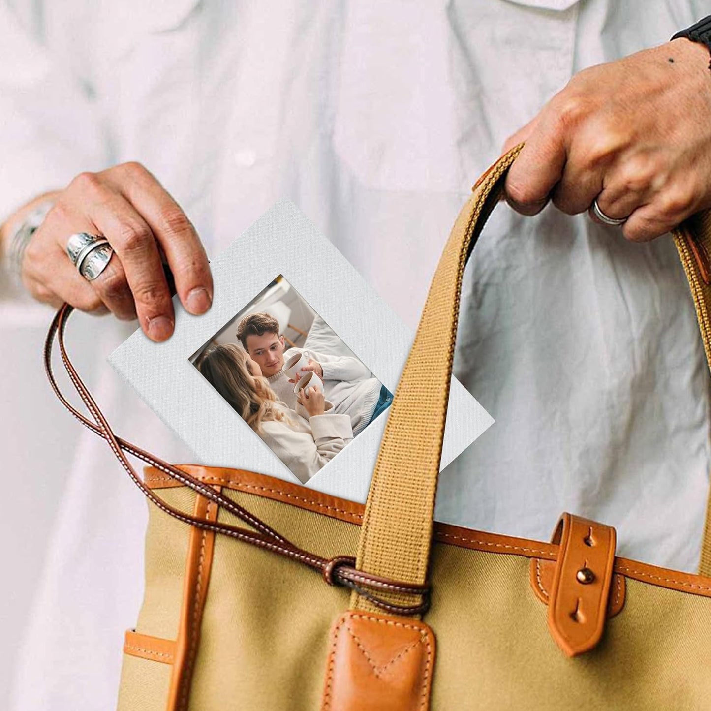 Small 4x6 Photo Album 100 Pockets Linen Cover with Front Window Portable Mini Picture Book for Family Travel Wedding and Memory Keepsake Organizer White