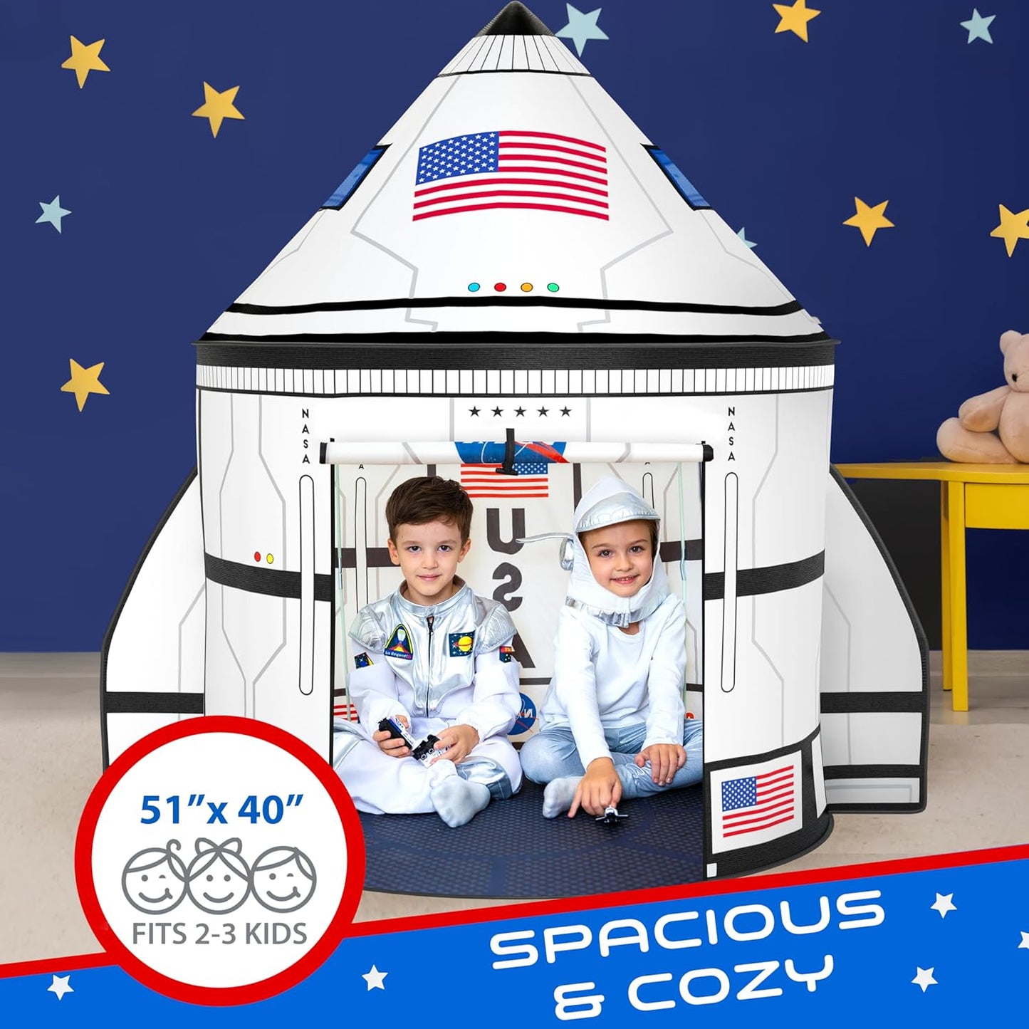 W&O Space Shuttle Explorer Tent with Blast-Off Button, LED Lights & 3 Space Toys โ Rocket Ship Play Tent for Kids Ages 3-5
