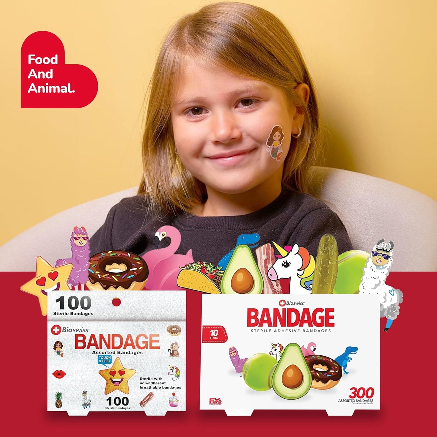 BioSwiss Bandages, Assorted Animal, Fun, and Food Shaped Self Adhesive Bandage, Latex Free Sterile Wound Care, 300 Count