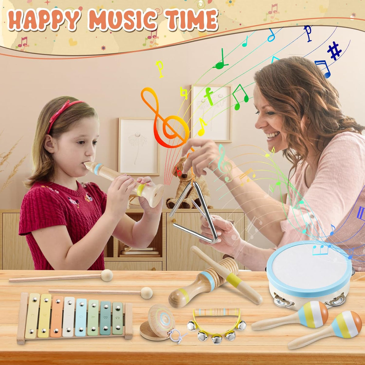 Baby Musical Instruments Set Montessori Wooden Music Toys for Toddlers 1 2 3 Neutral Color Percussion Music Kit with Drum, Xylophone,Storage Bag, Birthday Preschool Learning Gift for Boys Girls