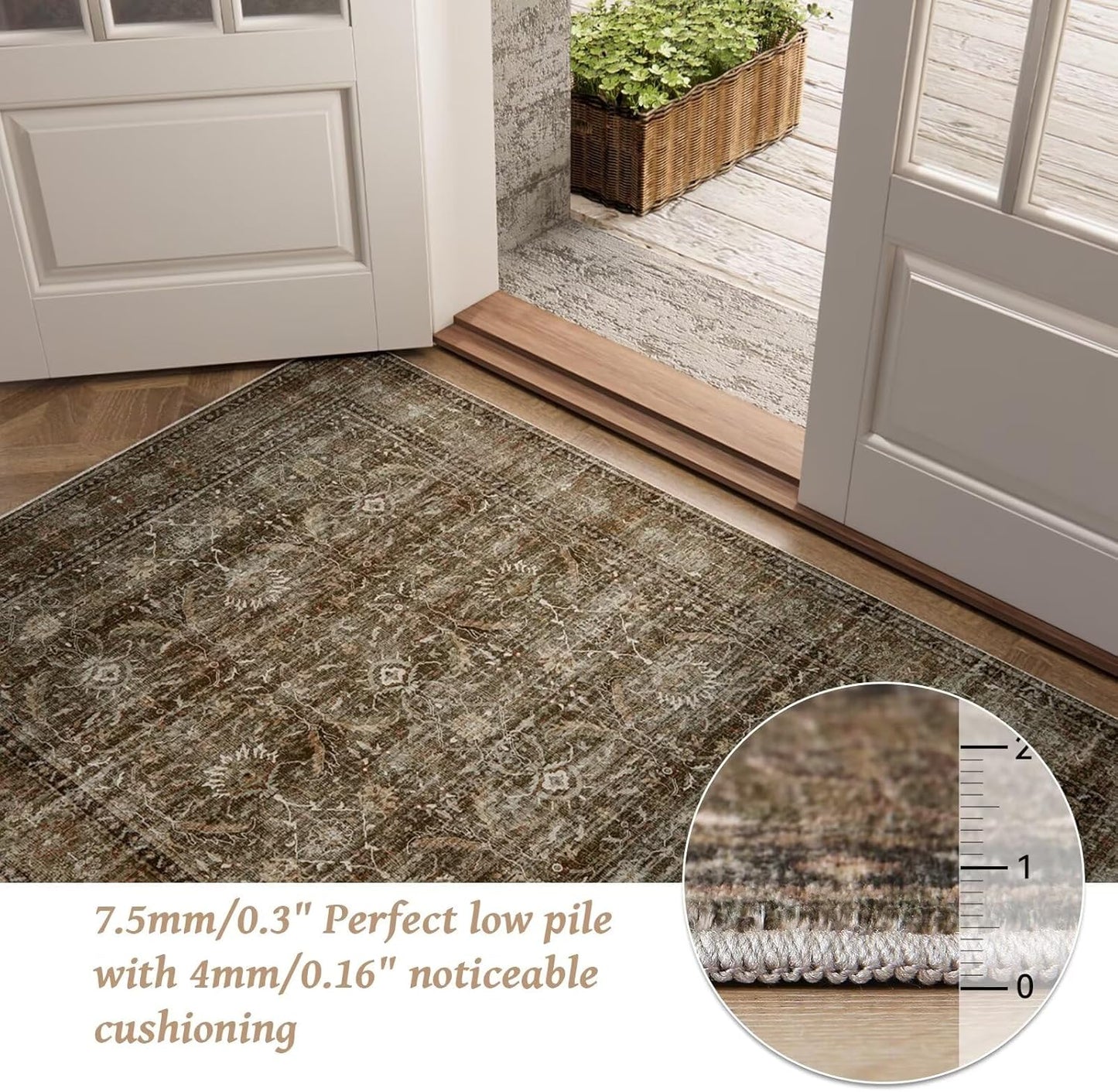 Washable 9x12 Area Rugs for Living Room, Boho Non-Slip Silicone Backing Rugs for Bedroom Dining Room Nursery Office, 0.3" Neutral Oriental Throw Carpet with 0.16" Cushioning Pad, Deep Brown/Multi