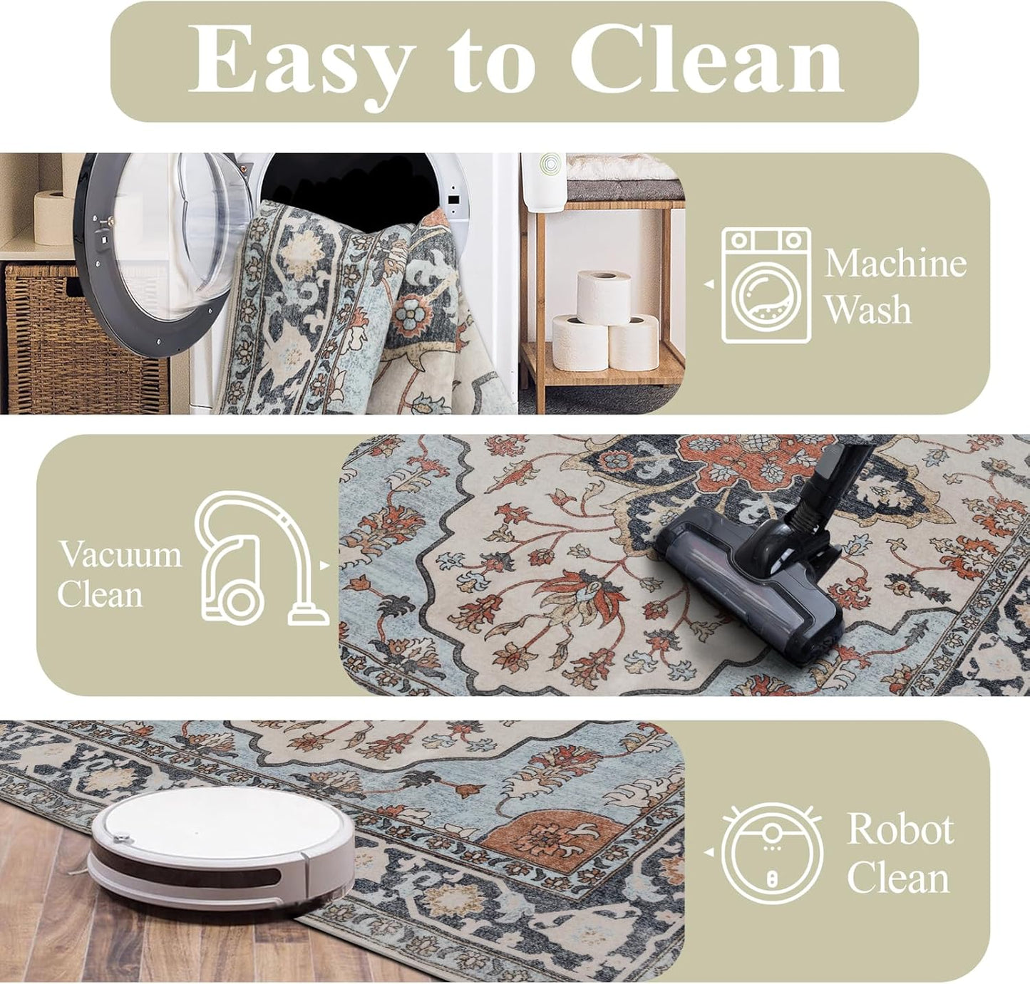 Washable Rugs 5x7 Area Rugs for Living Room, Thin Carpet for Bedroom, Soft Faux Wool Retro Dining Room Rug,Non Slip&Non-Shedding Resistant Low Pile Vintage Print Rug for Home Office (Blue/Gray)