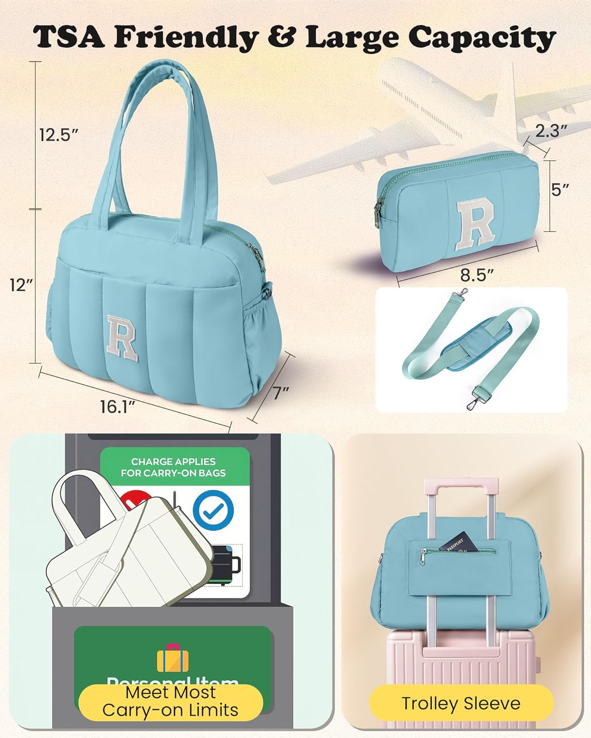 Duffle Bag, Weekender Bags for Girl,Initial Overnight Bag with Wet Pocket,Monogrammed Gift for Woman-Lightweight Dance Bags Personalized Gymnastics bag with Makeup Pouch