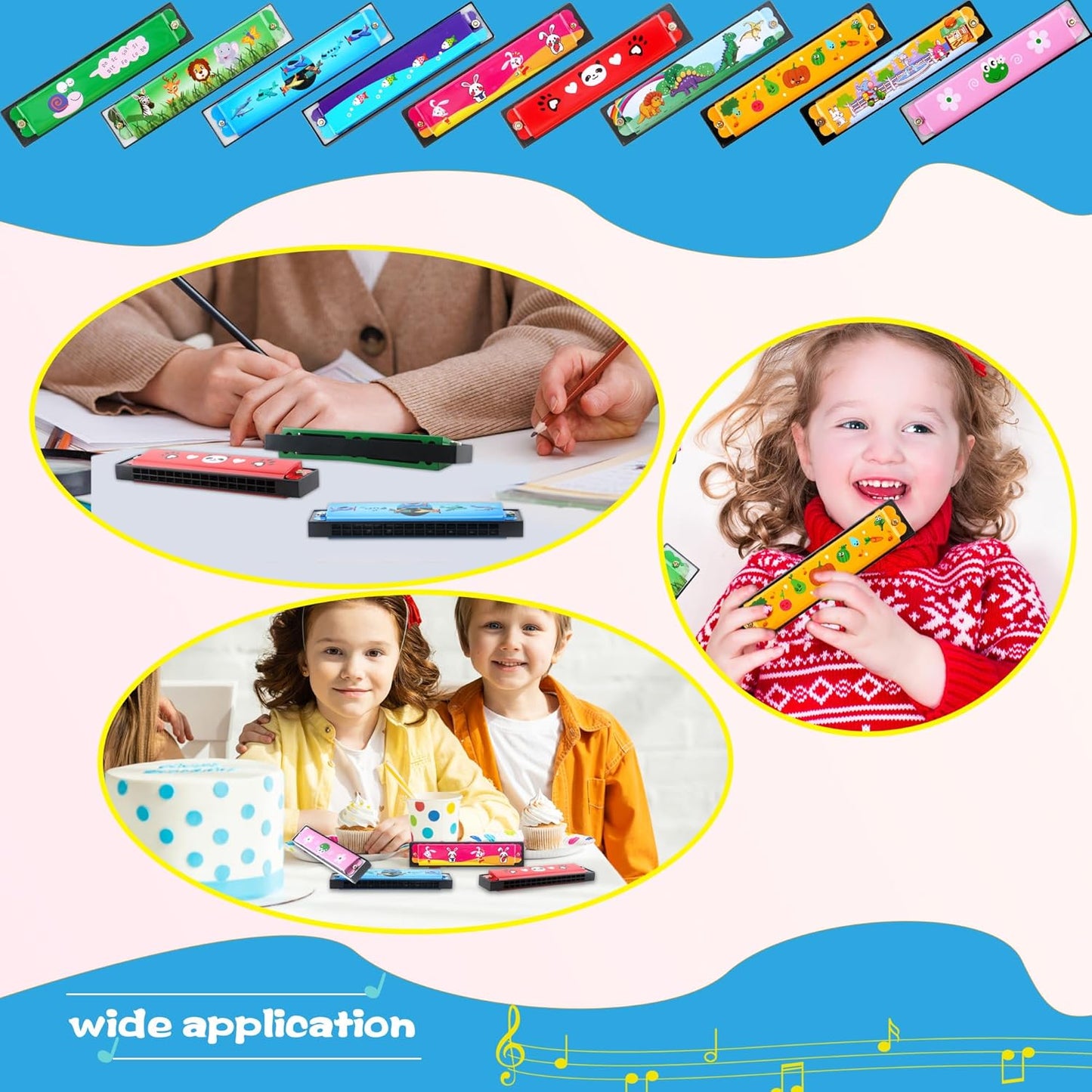 80 Pcs Children's Harmonica Bulk - 16 Hole Plastic Cartoon Harmonica Toy for Kids - Musical Instrument for Birthday Party Favors, Random Color Pattern