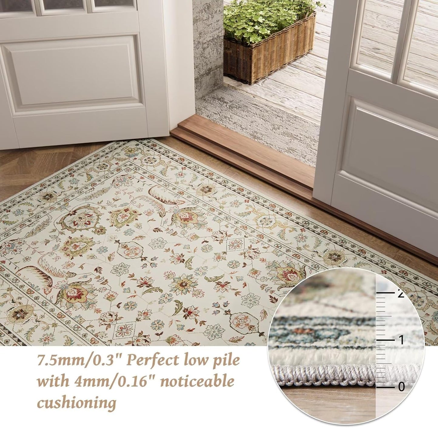 Washable 5x7 Area Rugs for Living Room, Boho Non-Slip Silicone Backing Rugs for Bedroom Dining Room Nursery Office, 0.3" Neutral Oriental Throw Carpet with 0.16" Cushioning Pad, Light Beige/Multi