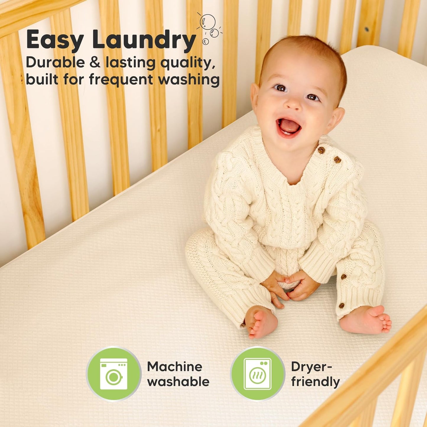 Waterproof Crib Mattress Protector Cover Fitted - 2-Pack Quiet Baby Crib Mattress Pad Sheets, 52" x 28" Soft Quilted Cotton Baby Sheet, Machine Washable, Easy Fit, Durable (Ecru/Quin)