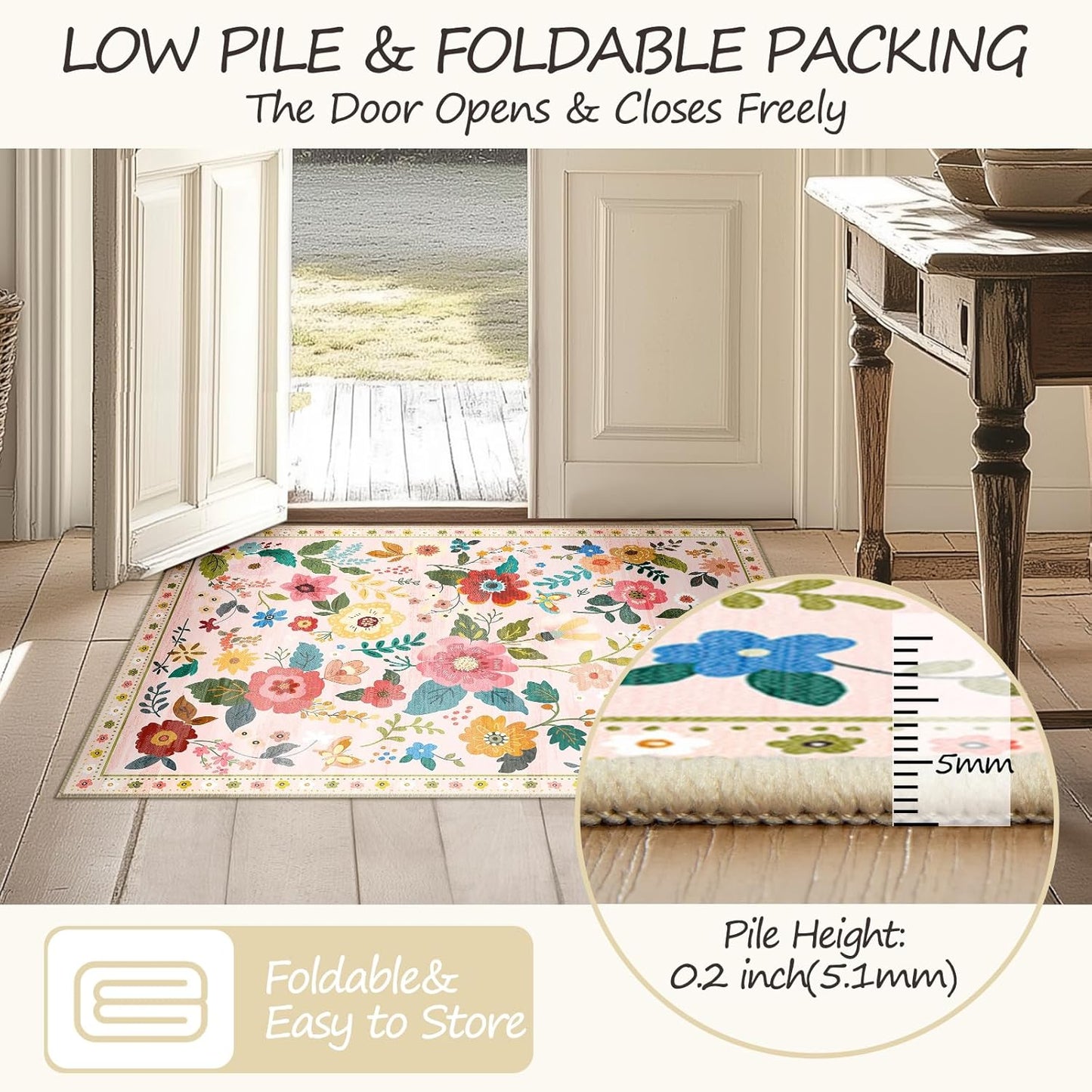 Floral 9x12 Area Rug Machine Washable Soft Print Boho Carpet Non Slip Doormat Low Pile Flower Area Rugs for Living Room Bedroom Nursery Kitchen Dining Room Indoor-Pink