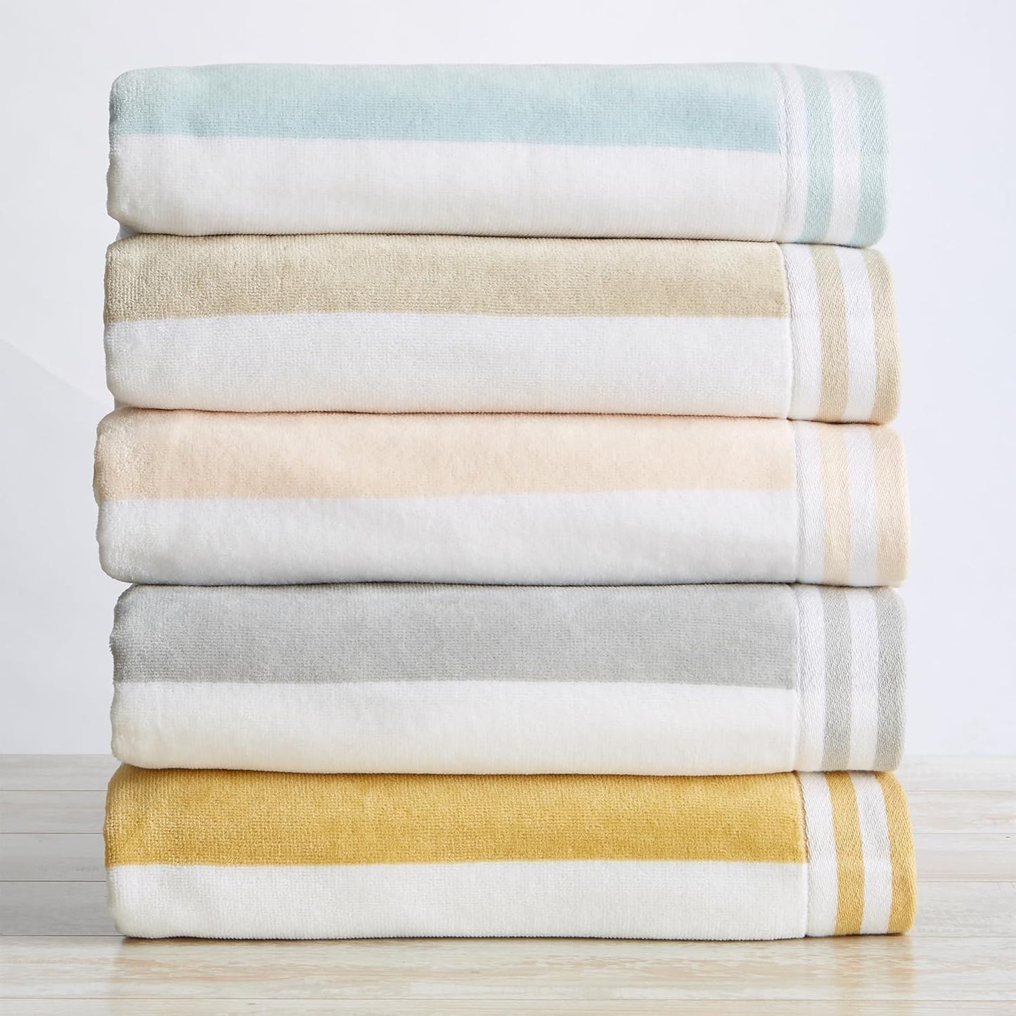 Great Bay Home 100% Cotton Velour 4 Pack Beach Towels 30" x 60" - Grey Cabana Stripe Pool Towels - Quick Dry, Large Swim Towels