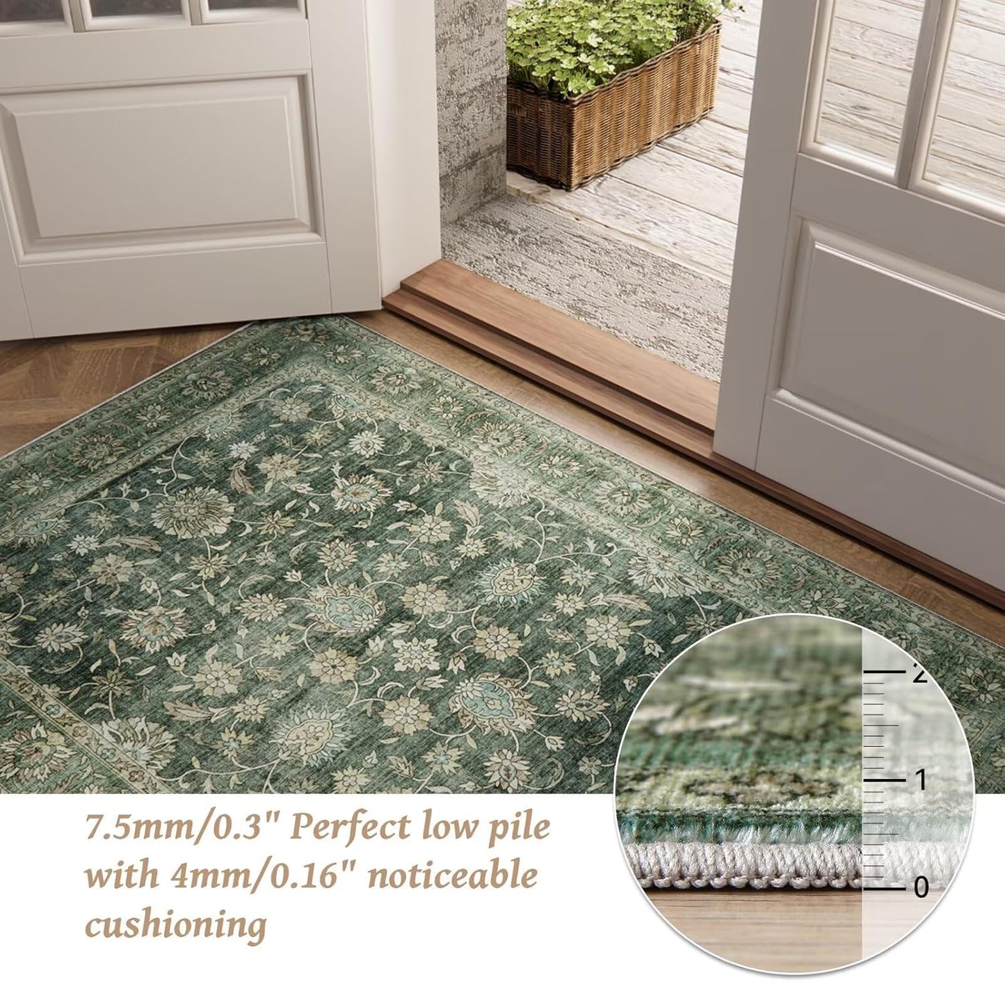 Washable 5x7 Area Rugs for Living Room, Boho Non-Slip Silicone Backing Rugs for Bedroom Dining Room Nursery Office, 0.3" Neutral Oriental Throw Carpet with 0.16" Cushioning Pad, Sage Green/Multi