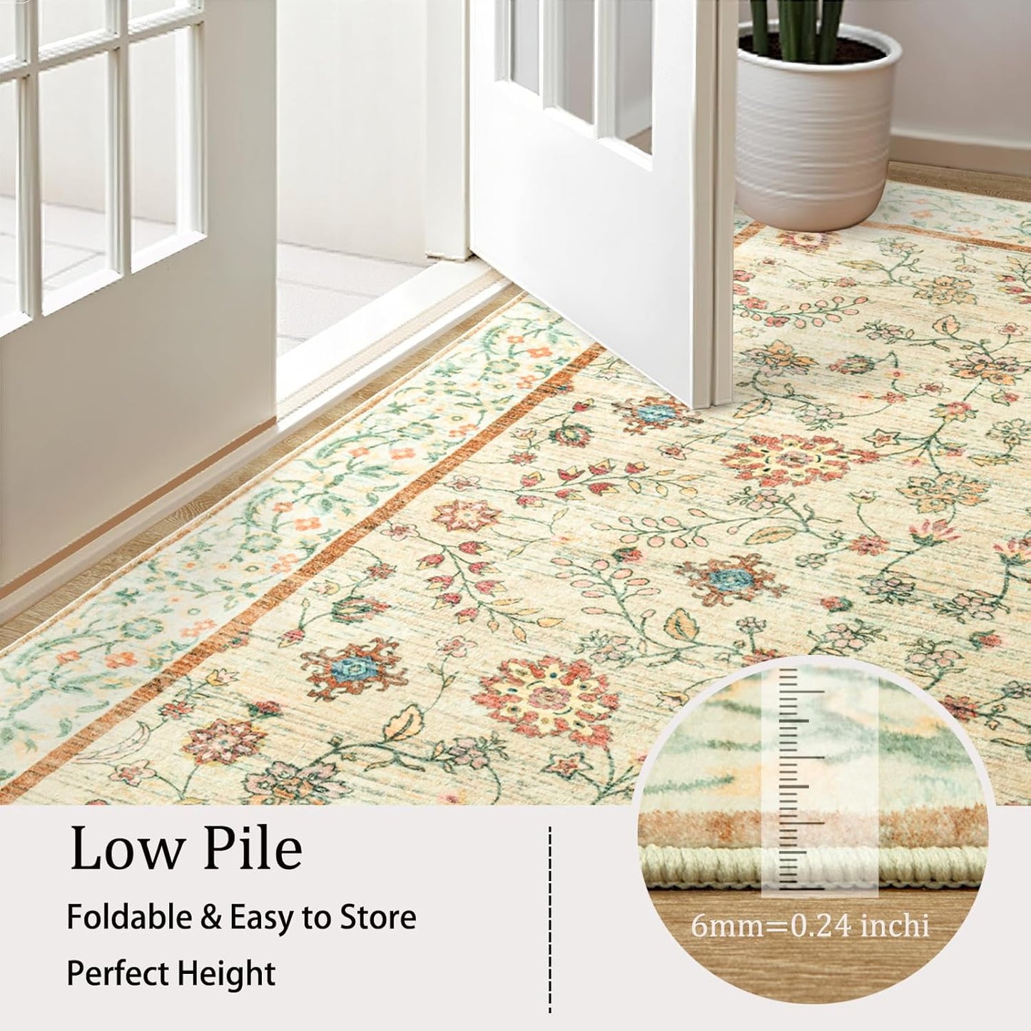 LOCHAS Washable Area Rugs 6x9, Beige Floral Rug for Living Room Bedroom Non Slip, Ultra Soft Vintage Indoor Carpet for Kids, Nursery, Dorm, Dining Room, Classroom, Boho Flower Home Decor, Low-Pile