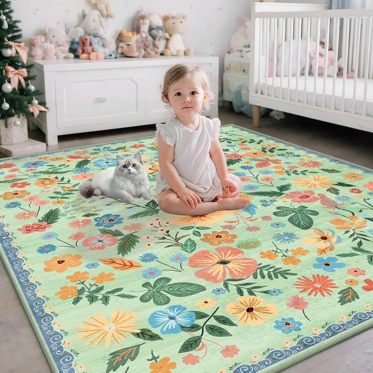 Door Mat Indoor Entrance 2x3 Area Rug Washable Boho Vintage Flower Pattern Non Slip Kitchen Rugs Cute Sage Green Stain Resistant Sound Absorbing Small Carpet Rug for Entryway Kitchen Bedside Bathroom