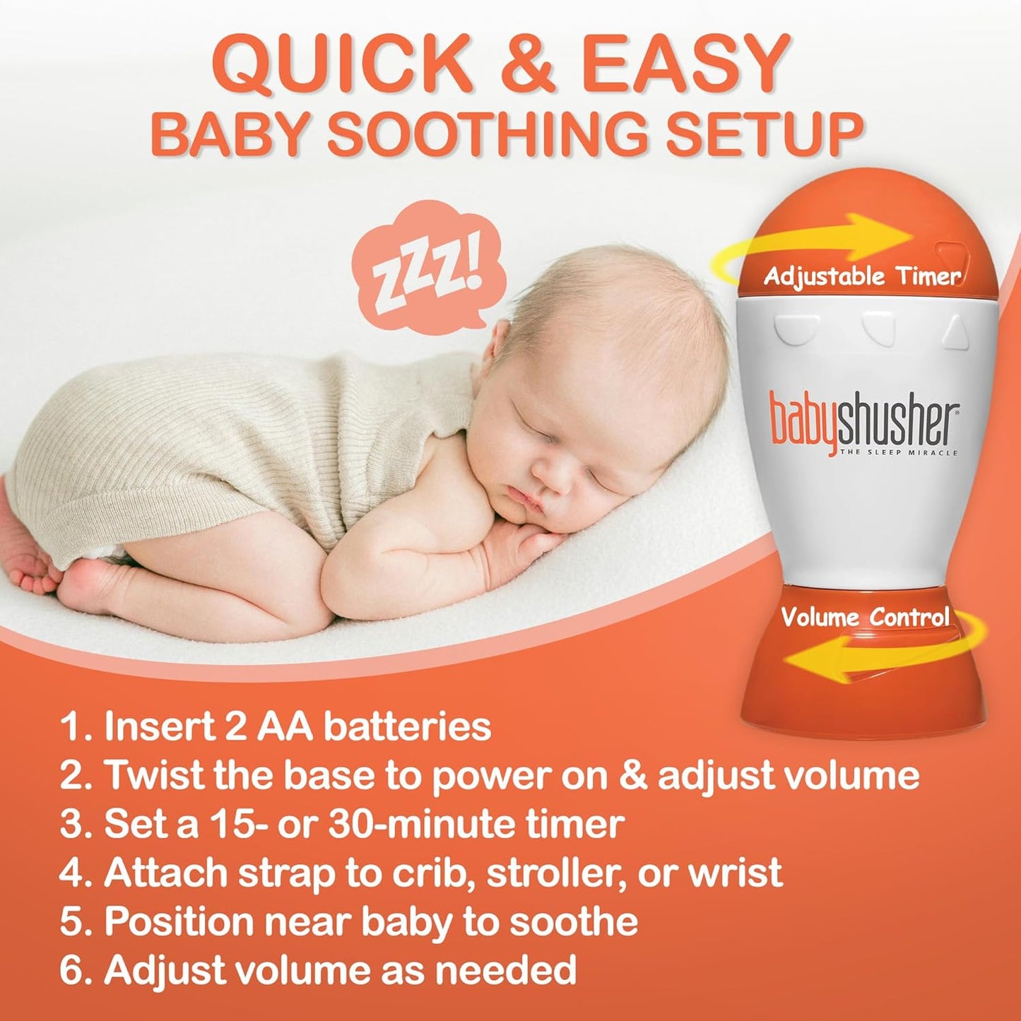 Baby Shusher Portable Sound Machine - White Noise Sound Machine, Baby Soother for Sleeping, Newborn Essentials for Crib, Battery Operated Hush, Travel Friendly - 3 Count