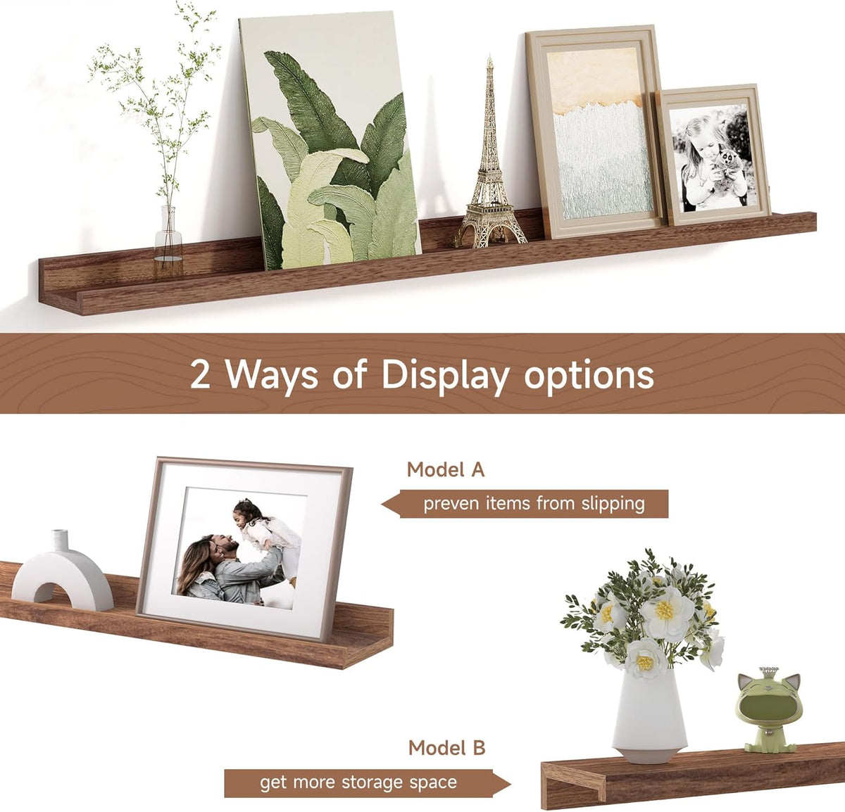 Picture Ledge Shelf for Wall, Floating Shelves Set of 4, 36 Inch Long Nursery Book Shelves for Toys Storage, Kids Bookshelf Wall Mounted for Books Photo Frames, Walnut