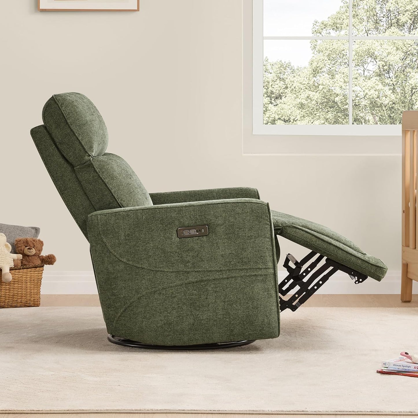 CHITA Electronic Power Recliner Chair Swivel Glider, FSC Certified Modern Nursery Rocking Chair with USB and Type-C Ports, Forest Green