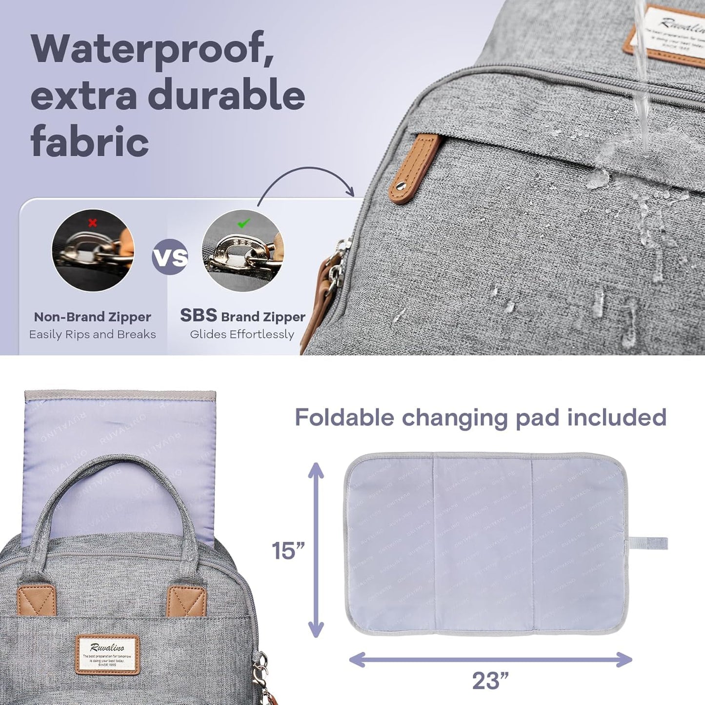 RUVALINO Diaper Bag Backpack-Expandable Baby Bag with up to 50% Capacity -Baby Essentials Bag with Changing Pad Insulated Bottle Holders & Pacifier Case, Waterproof, Gray XL