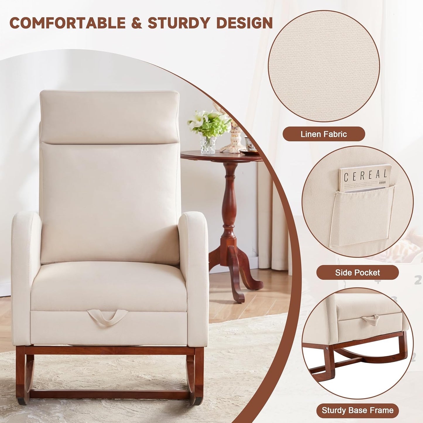 Rocking Chair Nursery with Foot Rest, Nursery Rocking Chairs with High Back, Glider Rocking Chair with Pocket, Baby Nursery Glider Rocker, Nursing Chair Accent Living Room (Linen Beige)