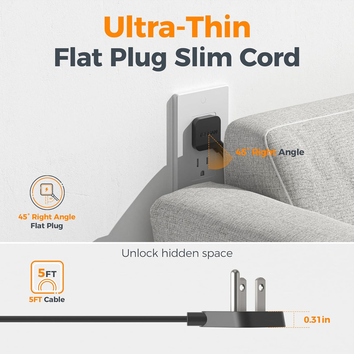 Black Extension Cord 5 Ft, TESSAN Flat Surge Protector Power Strip with 4 Wide Spaced AC Outlets 3 USB Ports (1 USB C), Ultra Thin Flat Plug with 900J Surge Protection, Office Dorm Room Essentials