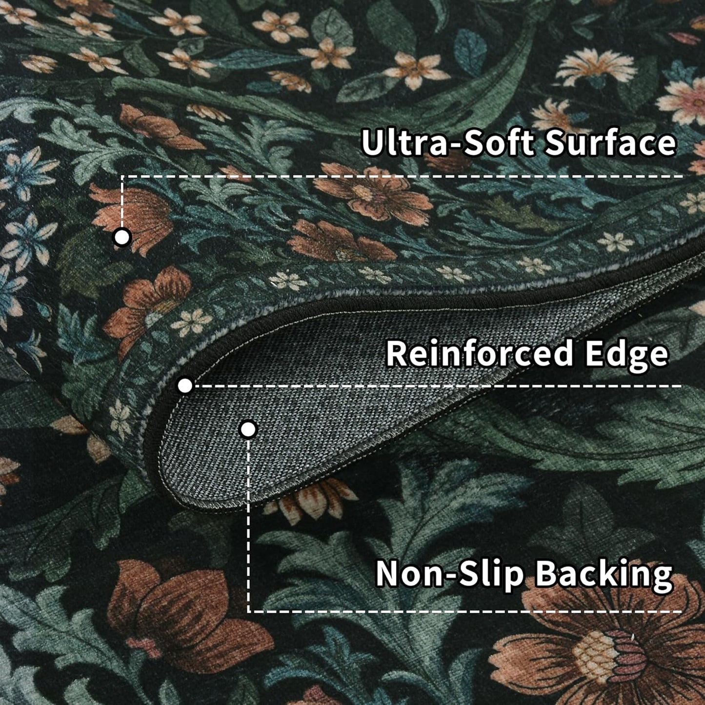 Floral 2x3 Entryway Rug,Washable Front Door Mat Indoor Non Slip Low Pile Small Carpet, Soft Black Boho Botanical Throw Rug for Bathroom Bedroom Kitchen Laundry Indoor Entrance