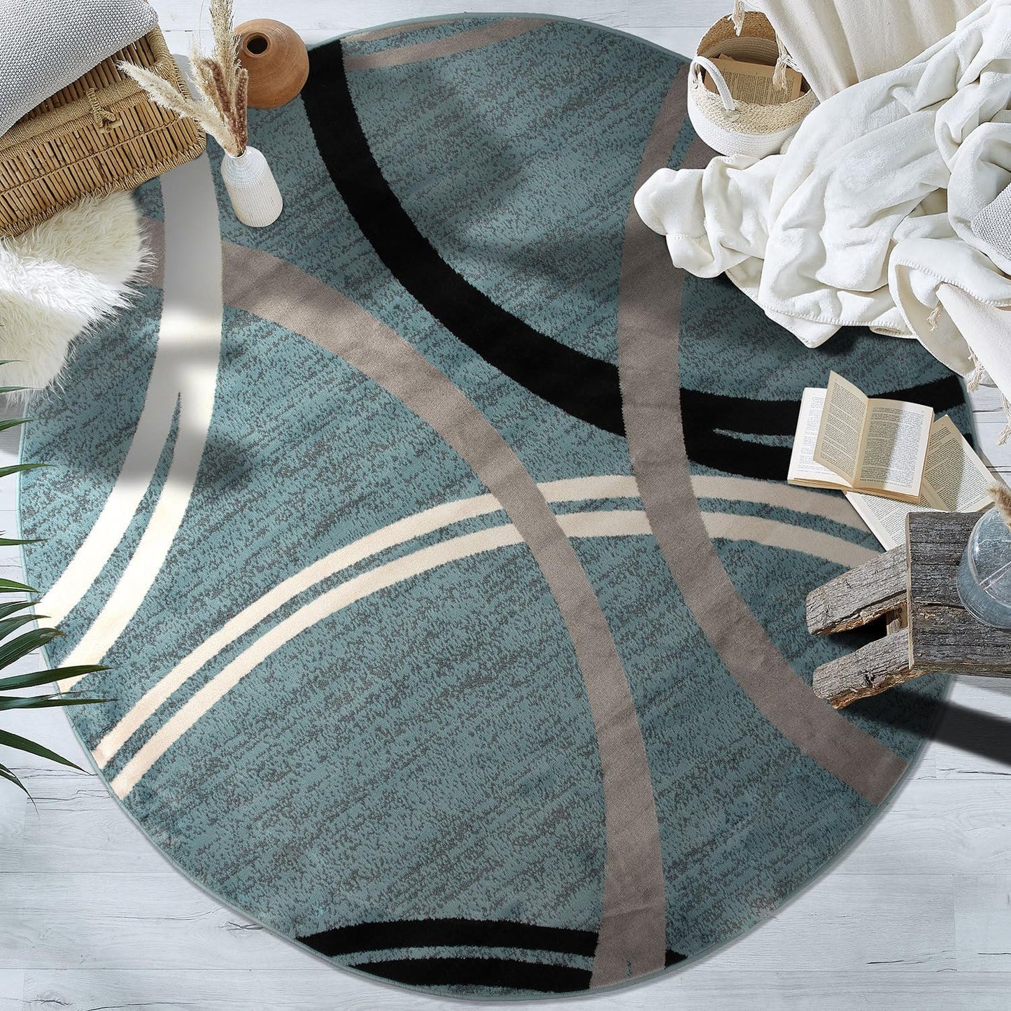 Rugshop Modern Wavy Circles Design 6' 6" (6' 6" Diameter) Blue