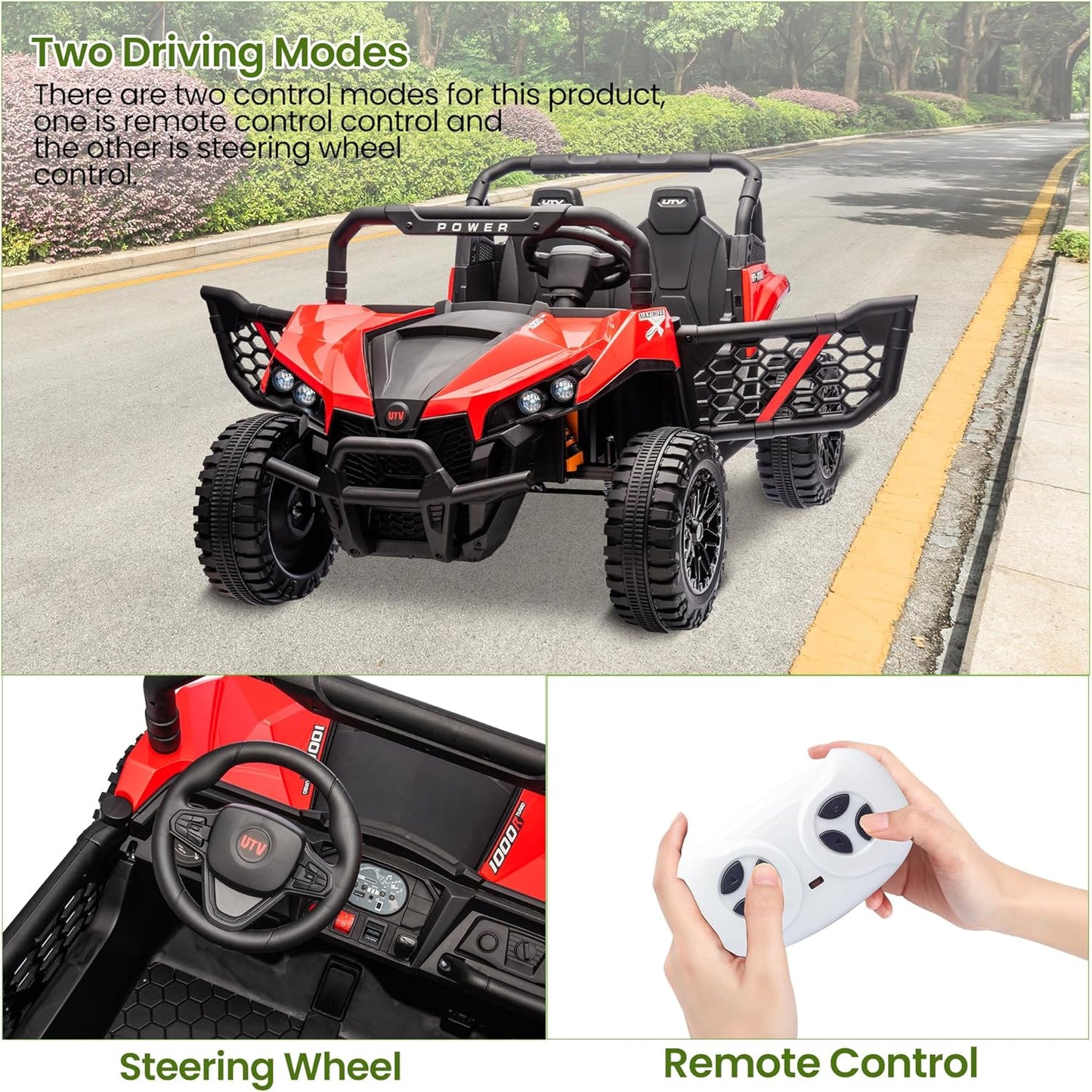 24V 2 Seater Ride On Car Truck, Power Wheels Kids UTV w/Parent Remote Control, 3.1 MPH Max Speed, Music Player, LED Lights & Storage, Electric Vehicle Ride On Toy for Kids Toddler Ages 3-8, Red