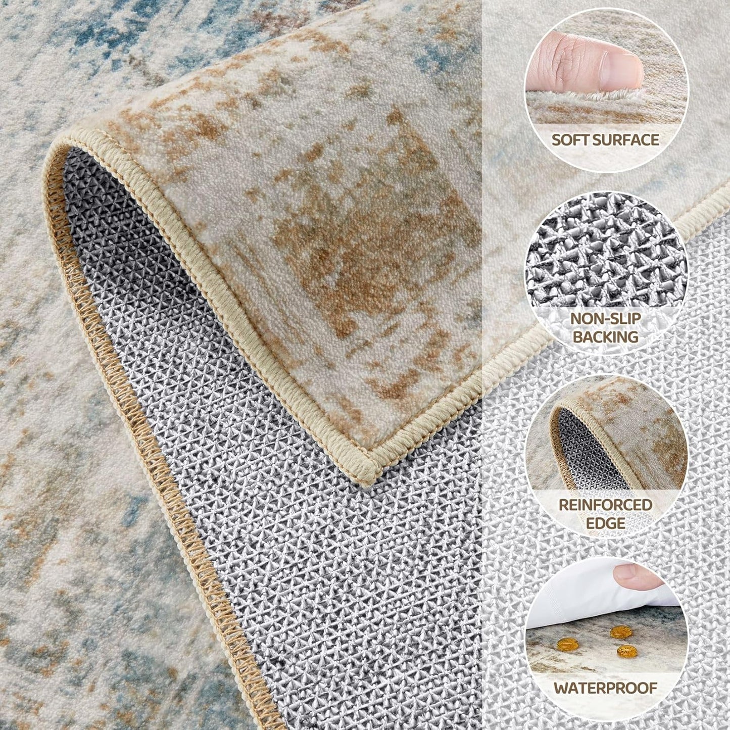 Area Rug for Living Room: 7x9 Washable Neutral Abstract Modern Soft Rugs Non Slip Indoor Floor Stain Resistant Large Carpet for Bedroom Dining Room Office Nursery - Blue Brown