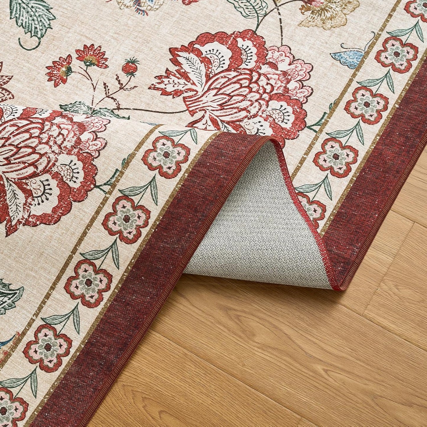 jinchan 3x5 Floral Rug for Entryway Washable Kitchen Rug Vintage Romance Design Small Mat Non Slip Indoor Doormat Lightweight Low-Profile Throw Carpet for Entrance Bathroom Laundry Room, Red/Beige