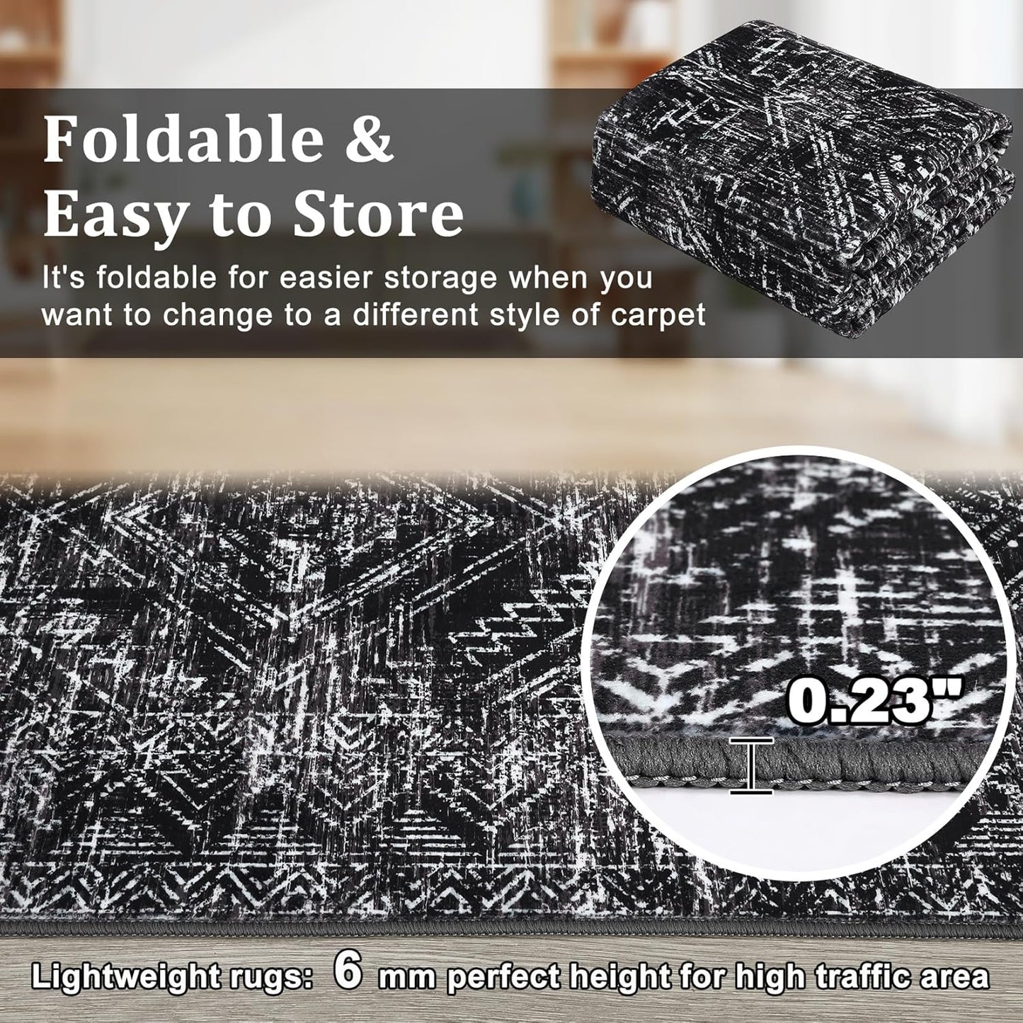 COZYLOOM 4x6 Washable Rug for Bedroom Vintage Non Slip Large Area Rug Geometric Soft Throw Rugs Low Pile Stain Resistant Carpet for Office Dining Room Living Room, Black