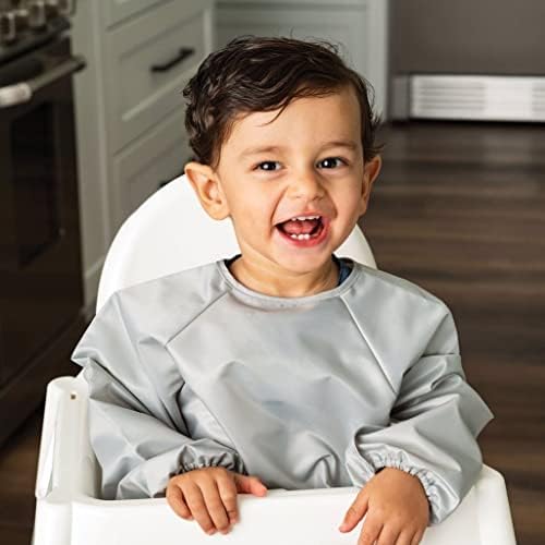 Tiny Twinkle Mess Proof Baby Bibs, 2pk Waterproof Smock Baby Bibs for Eating, Machine Washable Long Sleeve Bibs, Baby Led Weaning, Toddler Bibs, BLW Supplies (Grey Indigo, Large 2-4 Years)