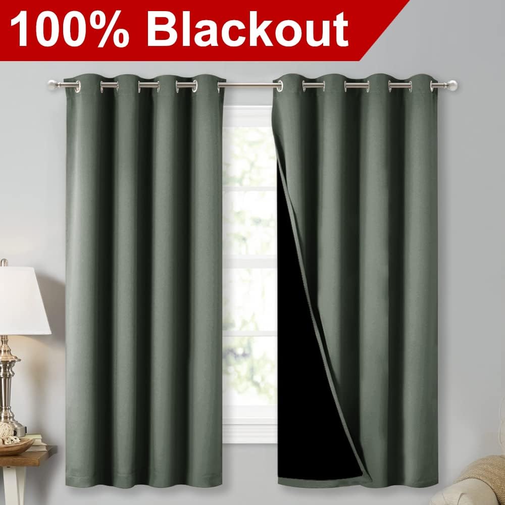 NICETOWN Dark Mallard 100% Blackout Lined Curtains, 2 Thick Layers Completely Blackout Window Treatment Thermal Insulated Drapes for Kitchen/Bedroom (1 Pair, 52" Width x 63" Length Each Panel)
