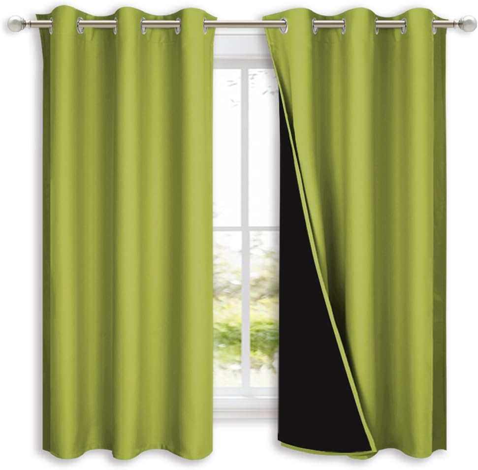 NICETOWN 100% Blackout Short Curtains with Black Liners, 2 Panels, 37" W by 40" L, Fresh Green, Solid Thermal Insulated Full Blackout 2-Layer Lined Drapes, Energy Efficiency Window Drapes for Bedroom