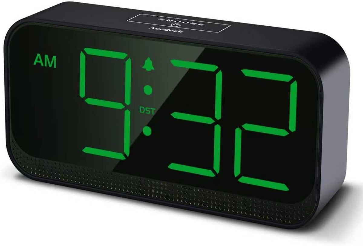 Battery Operated Digital Clock: Cordless Small Alarm Clock for Bedroom Travel - Large Numbers 4 Dimmers for All Ages Green Digits
