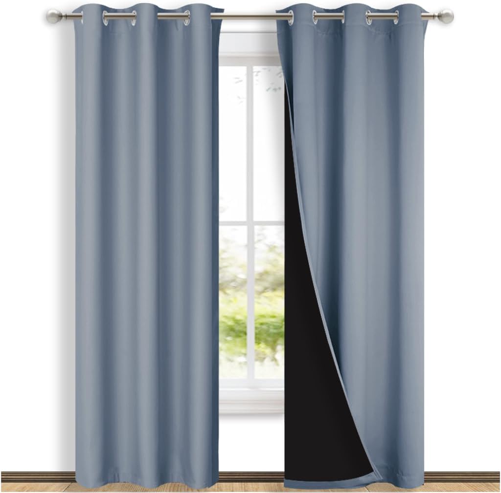 NICETOWN Full Shade Curtain Panels, 37" Wide x 80" Long, Vintage Blue, Pair of Thermal Insulated & Energy Efficiency Blackout Drapes for Living Room, Lined Silky Performance Window Dressing