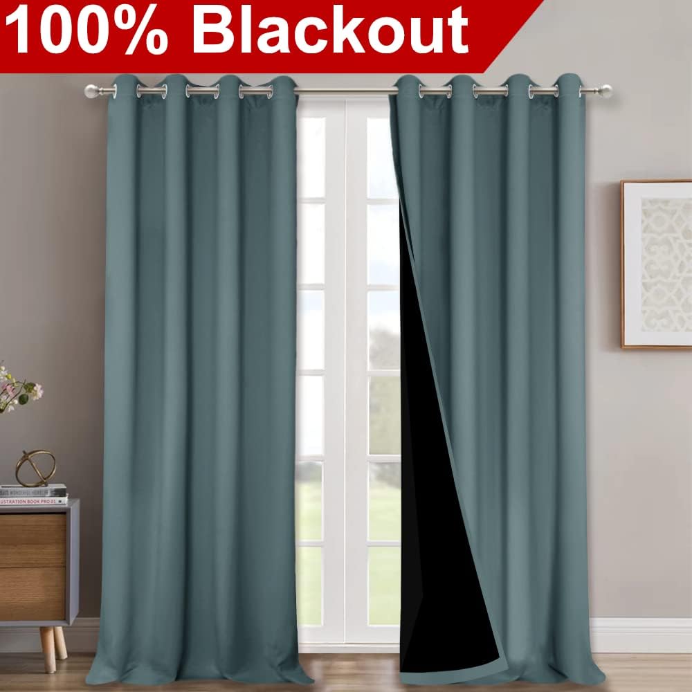 NICETOWN Aqua 100% Blackout Curtains for Windows, Super Heavy-Duty Black Lined Total Darkness Drapes for Bedroom, Privacy Assured Window Treatment for Patio (Pack of 2, 52 inches W x 108 inches L)