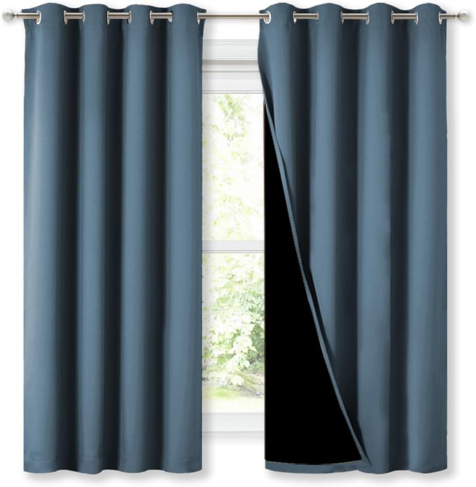 NICETOWN 100% Blackout Curtains 54" Long, Smoky Blue, 1 Pair, 52" Width Each Panel, Double-Deck Completely Blackout Window Treatment Thermal Insulated Lined Drapes for Small Window