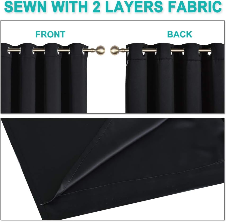 NICETOWN Complete 100% Blackout Curtain Set, Thermal Insulated & Energy Efficiency Window Draperies with Black Liner, Noise Reducing Short Curtains for Kids Room (Black, 46"W by 54"L, Double Panels)