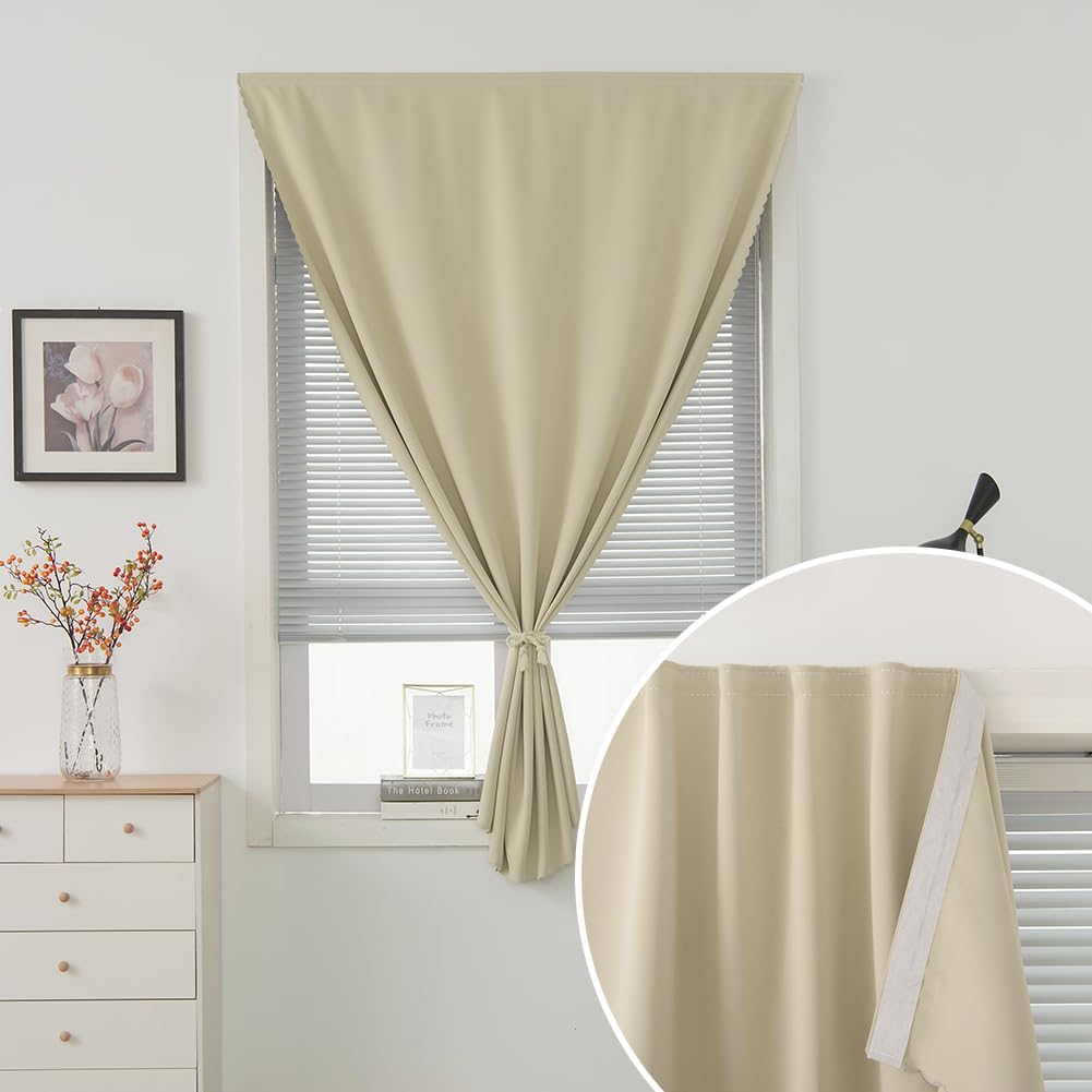 Self Adhesive Portable Blackout Curtains for Bedroom Easy to Install Window Thermal Lnsulated Kitchen Room Darkening Small Window Curtains, Cortinas Para Cuarto, 59"W X 71"L, Beige, 1 Panel