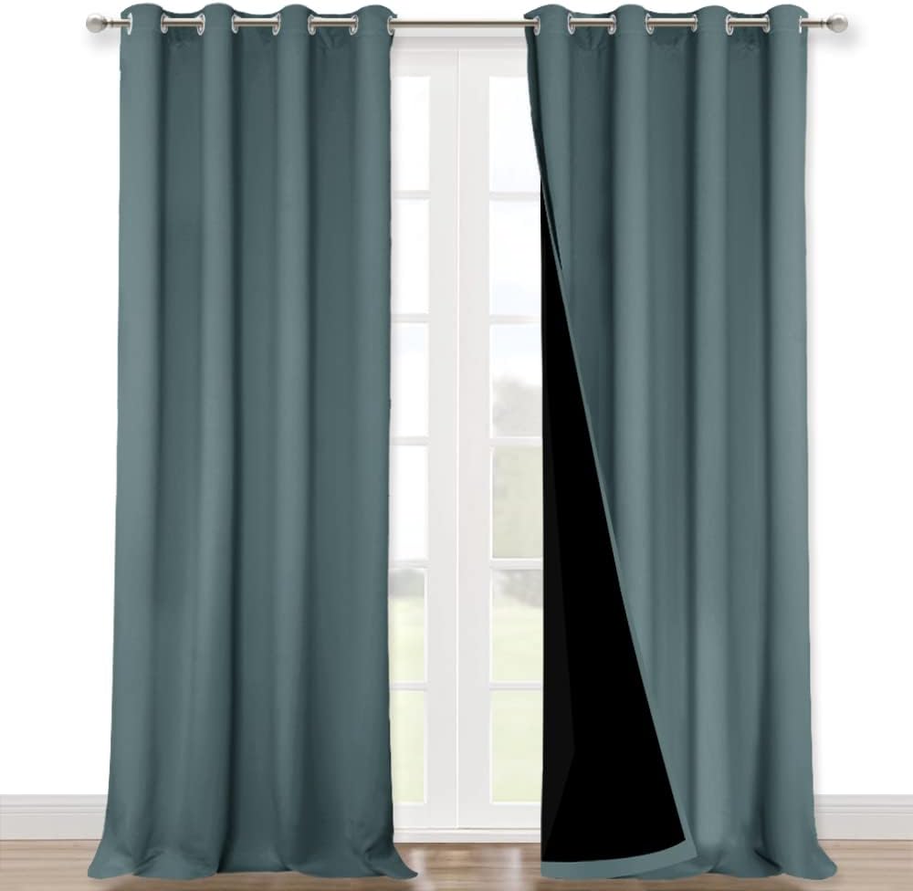 NICETOWN 100% Blackout Curtains for Windows, Pack of 2, Greyish Blue, 52" W x 102" L, Super Heavy-Duty Black Lined Total Darkness Drapes for Bedroom, Privacy Assured Window Treatment for Patio