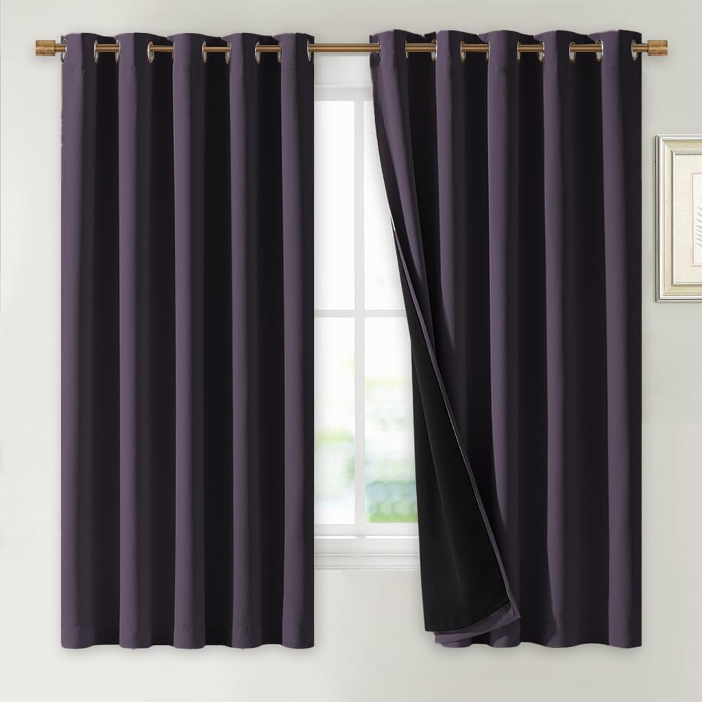 NICETOWN 100% Blackout Lined Curtains, Greyish Purple, 1 Pair, 62" Width x 63" Length Each Panel, 2 Thick Layers Completely Blackout Window Treatment Thermal Insulated Drapes for Kitchen/Bedroom