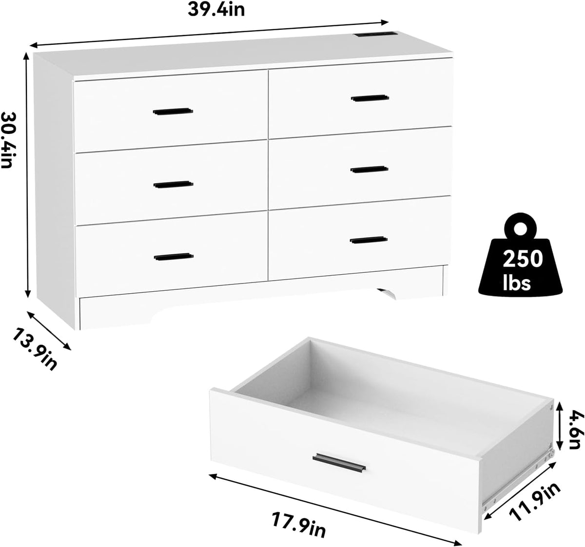 Dresser with Power Outlets Wooden 6 Drawer Dresser with USB and Type C Port Chest of Drawers for Bedroom Tall White Storage Organizer for Living Room Hallway Closet
