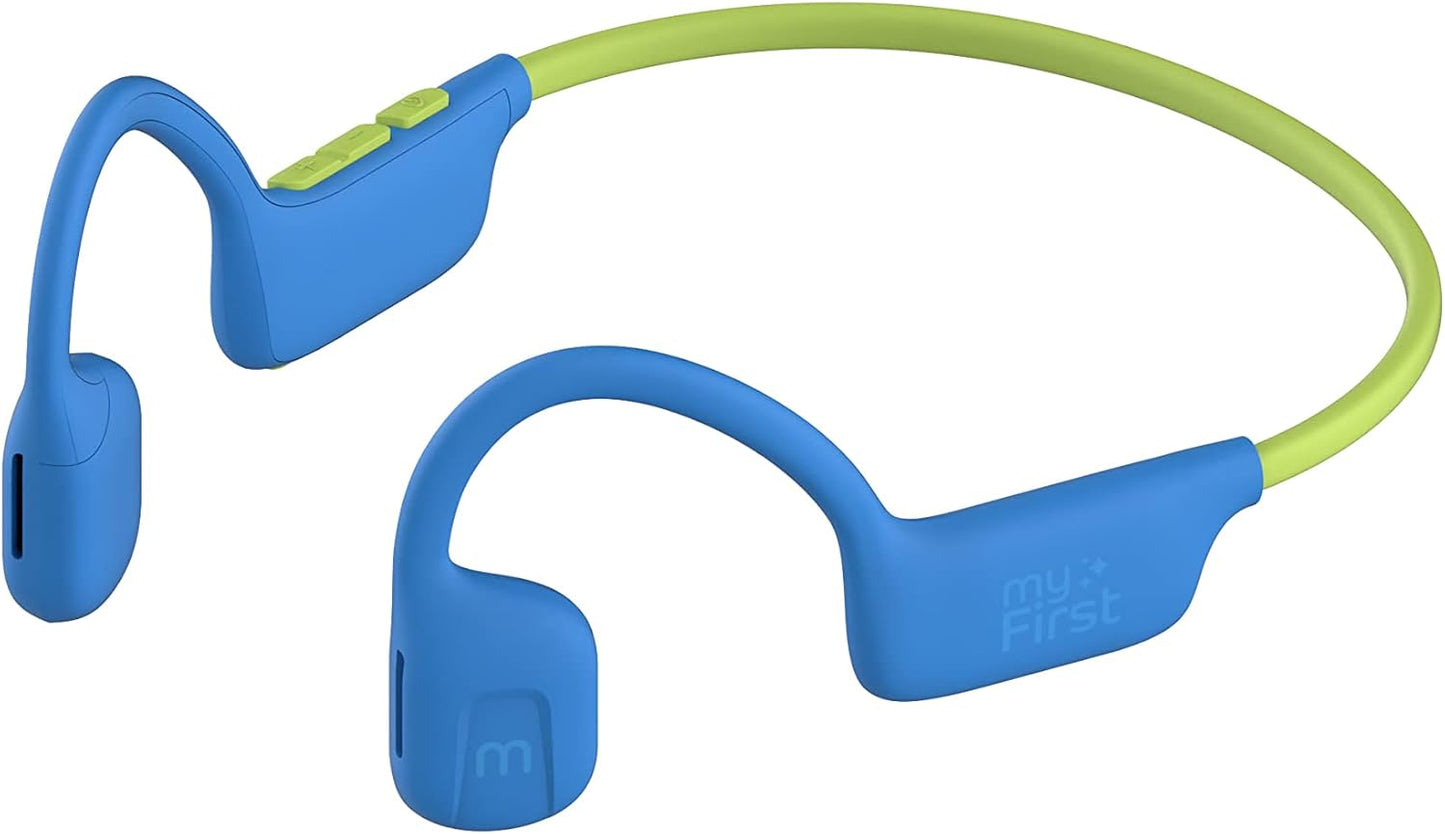 myFirst Headphones Airwaves - Air Conduction Open Ear Wireless Bluetooth Headphones with Mic for Toddlers and Kids, 85dB Safe Limit, Long Battery Life, Durable, IPX5 Waterproof for Kids 3-12 (Blue)
