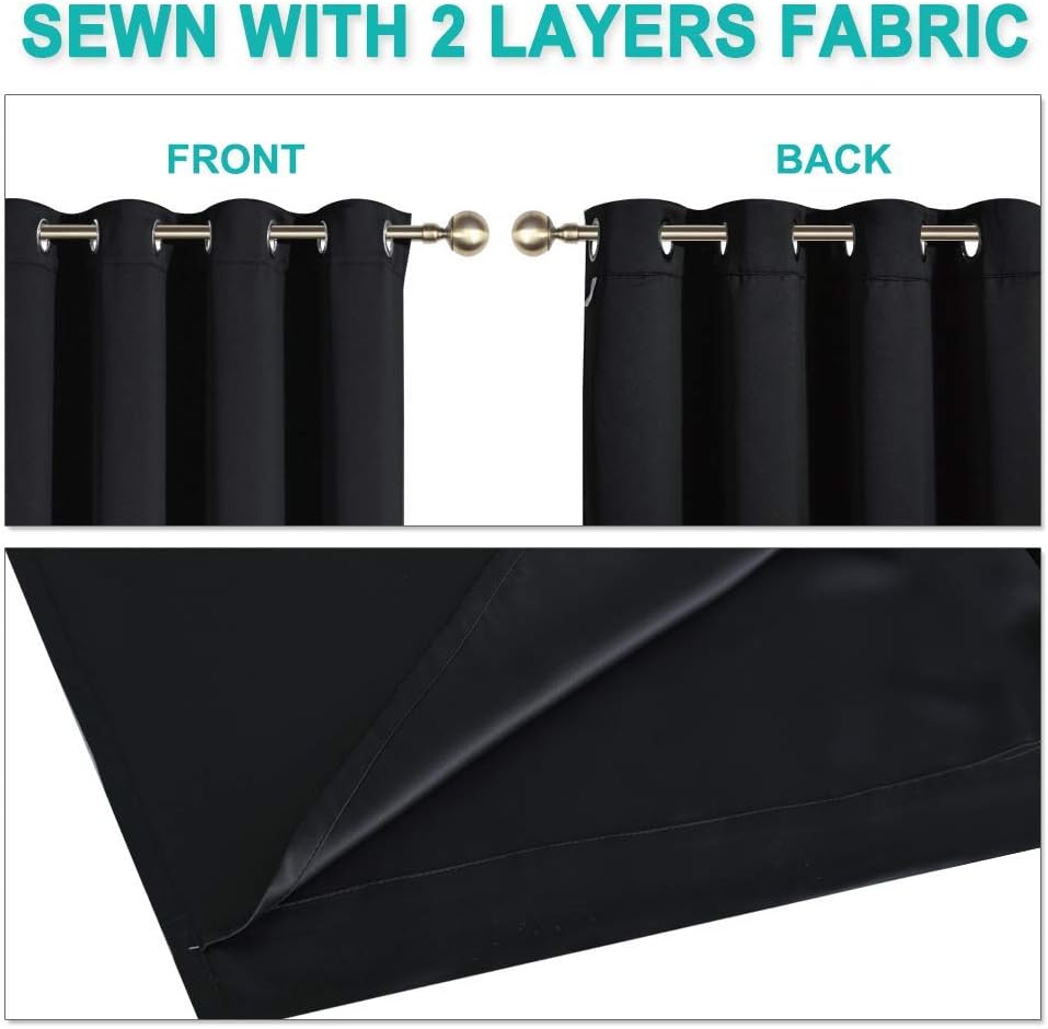 NICETOWN High-End Thermal Kitchen Curtains, Black, 37" Wide Per Panel, Set of 2 Panels, Full Blackout Curtains 70 Inches Long for Dining Room, Soundproof Window Treatment Drapes for Hall Room