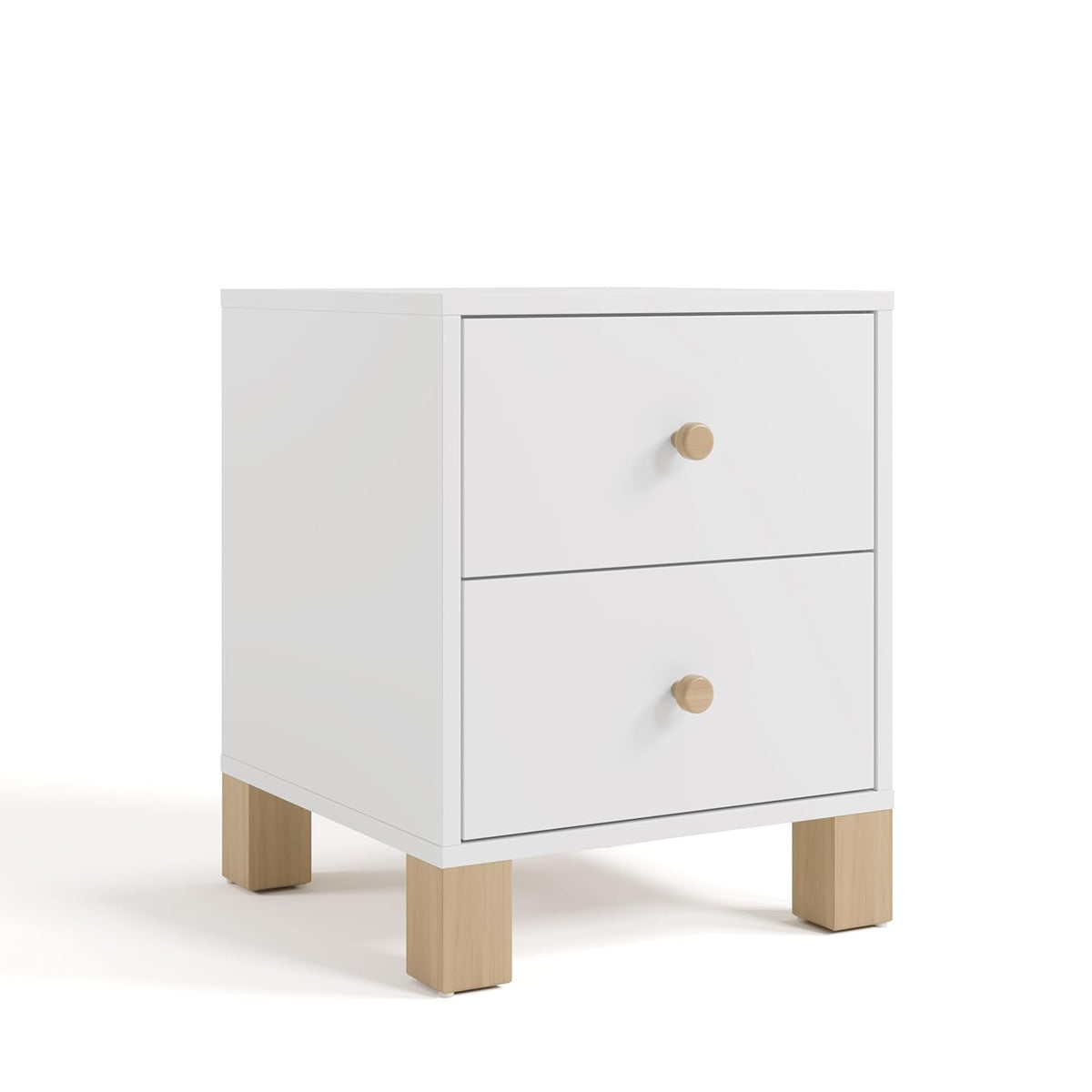 Storkcraft California 2 Drawer Nightstand (White with Driftwood) - GREENGUARD Gold Certified Nightstand for Kids Bedroom, Premium Wood Storage with Elegant, Iconic Block Feet