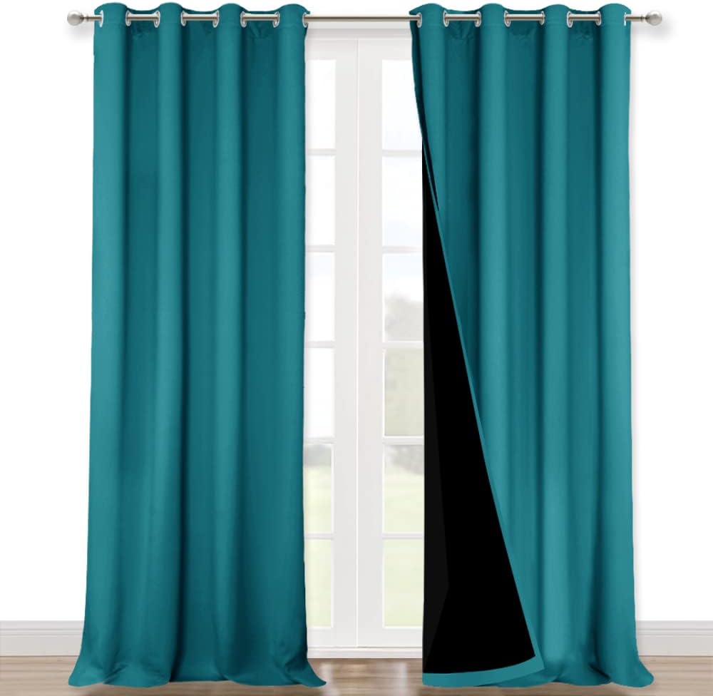 NICETOWN 100% Blackout Curtains for Windows, Pack of 2, Peacock Teal, 52" W x 102" L, Super Heavy-Duty Black Lined Total Darkness Drapes for Bedroom, Privacy Assured Window Treatment for Patio