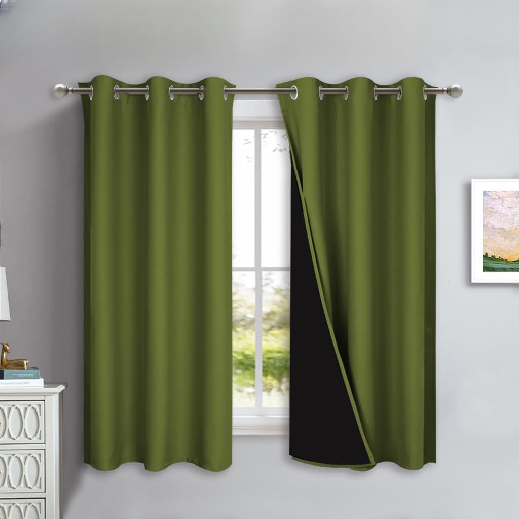 NICETOWN 100% Blackout Curtains 45 inches Long, Olive Green, 1 Pair, 42 inches Width Each Panel, 2 Thick Layers Completely Blackout Window Treatment Thermal Insulated Lined Drapes for Small Window