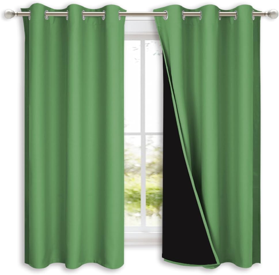 NICETOWN 100% Blackout Short Curtains with Black Liners, 2 Panels, 37" W by 60" L, Forest Green, Solid Thermal Insulated Full Blackout 2-Layer Lined Drapes, Energy Efficiency Window Drapes for Bedroom