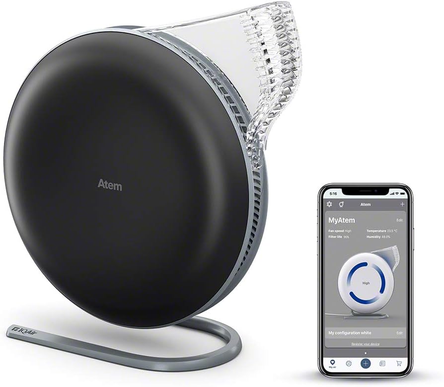 IQAir Atem Desk Air Purifier for Home, Office, Desktop, Small Room up to 150 sq ft, HyperHEPA Filter for Bacteria, Viruses, Allergens, Pets, Asthma, Pollen, Dust, Swiss Design, Made in Germany, Black