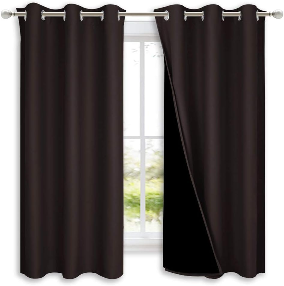 NICETOWN 100% Blackout Short Curtains with Black Liners, 2 Panels, 37" W by 40" L, Toffee Brown, Solid Thermal Insulated Full Blackout 2-Layer Lined Drapes, Energy Efficiency Window Drapes for Bedroom
